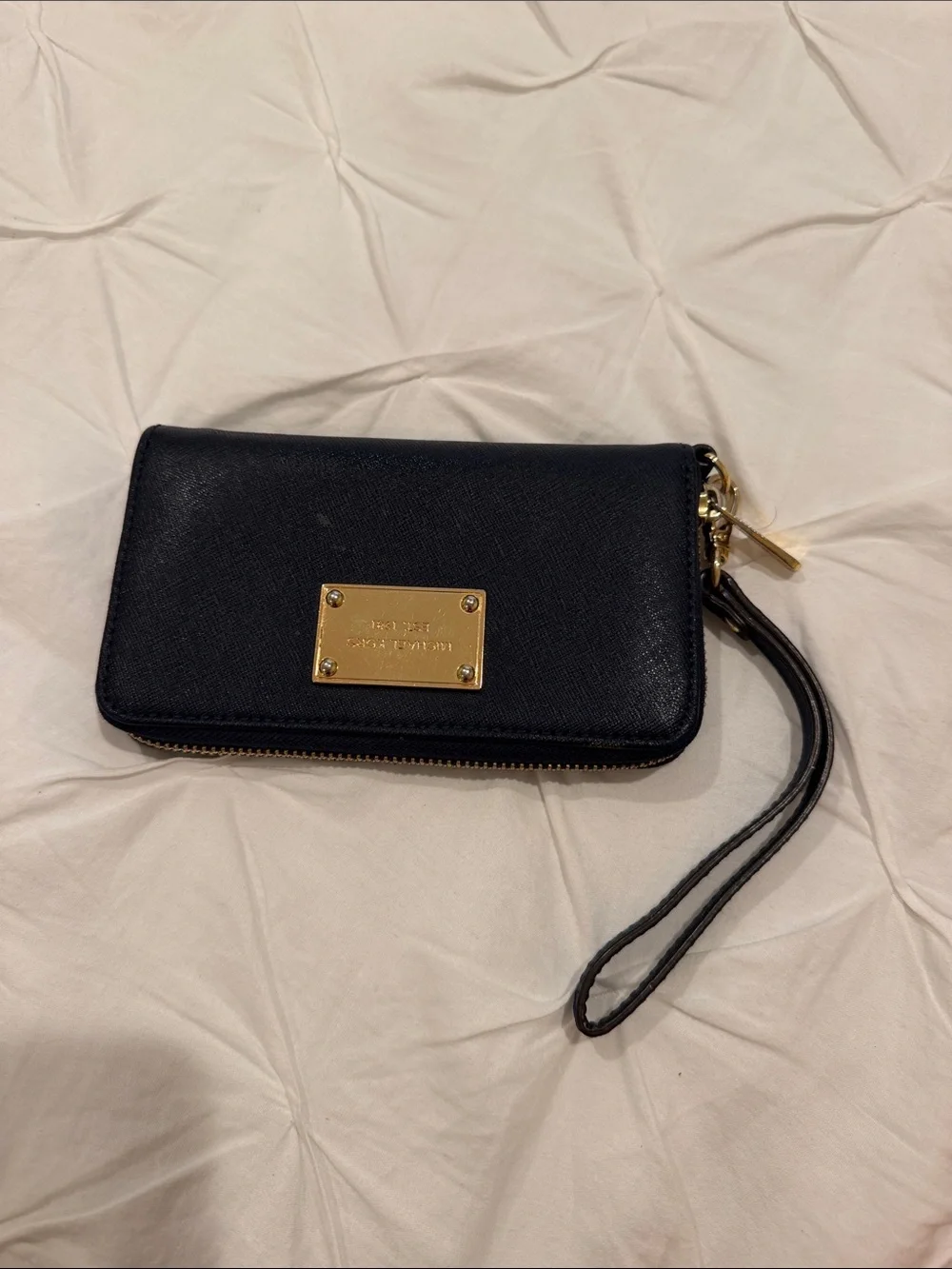Michael Kors Blue Leather Zip Wristlet with Gold Plaque